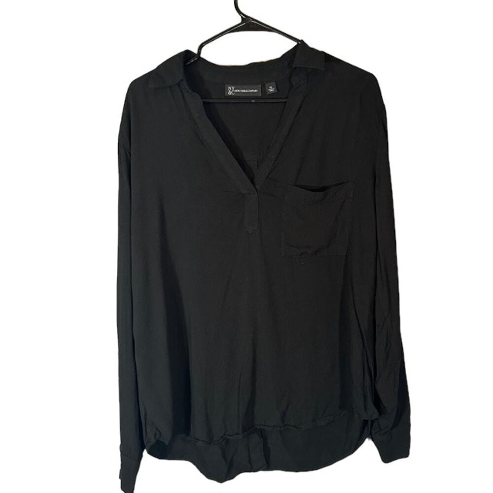 New York & Company Black V-Neck Button Back Long Sleeve Shirt Women Sz XL